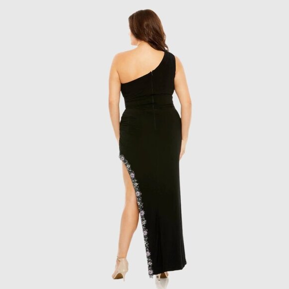NWT Mac Duggal One Shoulder Asymmetrical Embellished Hem Dress Black Multi #7908 - Picture 4 of 8